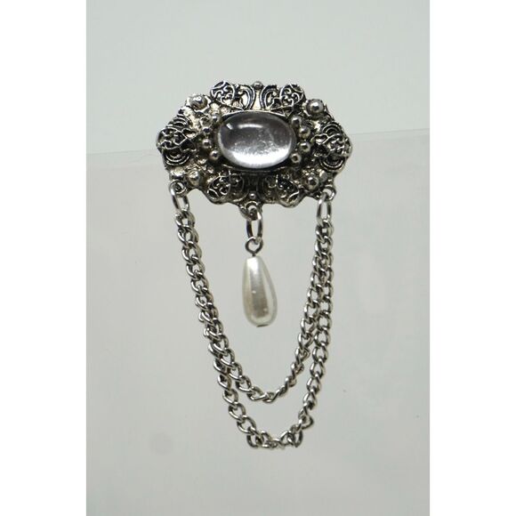 Vintage Silver Tone Victorian Chain Brooch 80s - 90s style Clear Cabochon Center - Picture 1 of 3